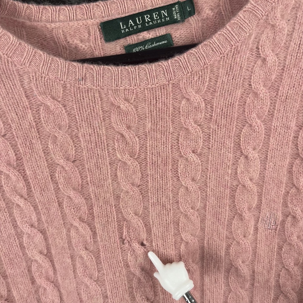 Polo Ralph Lauren Women's Pink Cashmere Cable Knit Sweater Fits Medium -Flaws - Picture 5 of 7